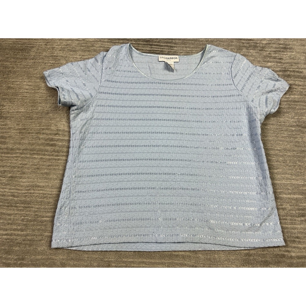Sag Harbor Top Womens Petite Large Blue Short Sleeve Shiny Striped Stitch Cotton